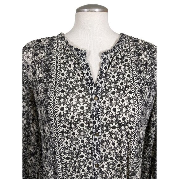 Lucky Brand Womens M Top Black White Ditsy Floral Print Long Sleeve Ruffle Neck - Picture 2 of 5